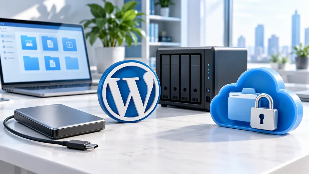 Computer con logo WordPress, nuvola con freccia di caricamento, database e scudo di protezione.