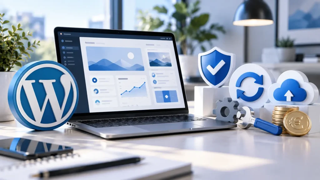 Computer con logo WordPress e simboli di sicurezza, aggiornamento, backup e costi di manutenzione.