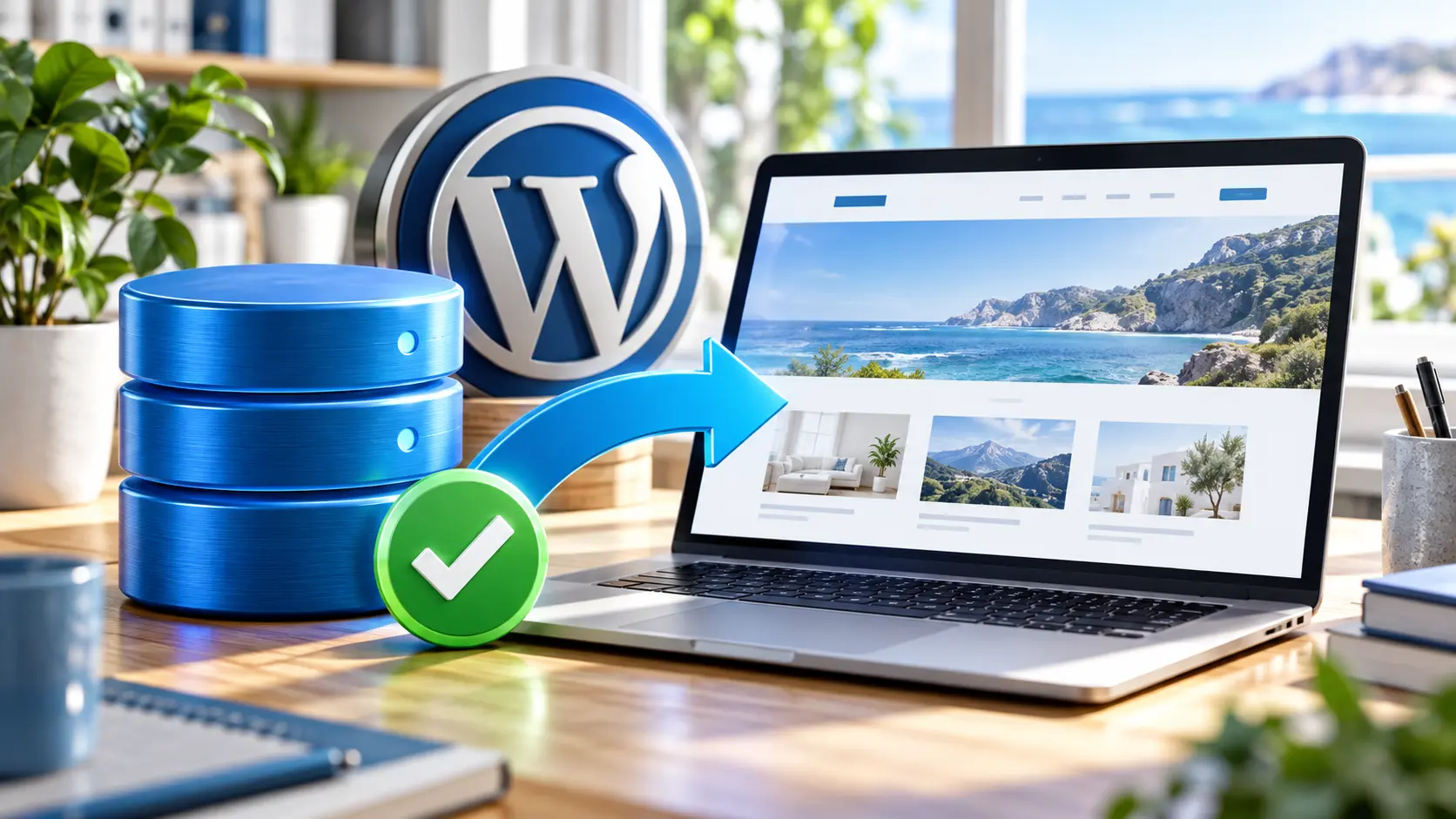 Computer con logo WordPress, nuvola con freccia di caricamento, database e scudo di protezione.